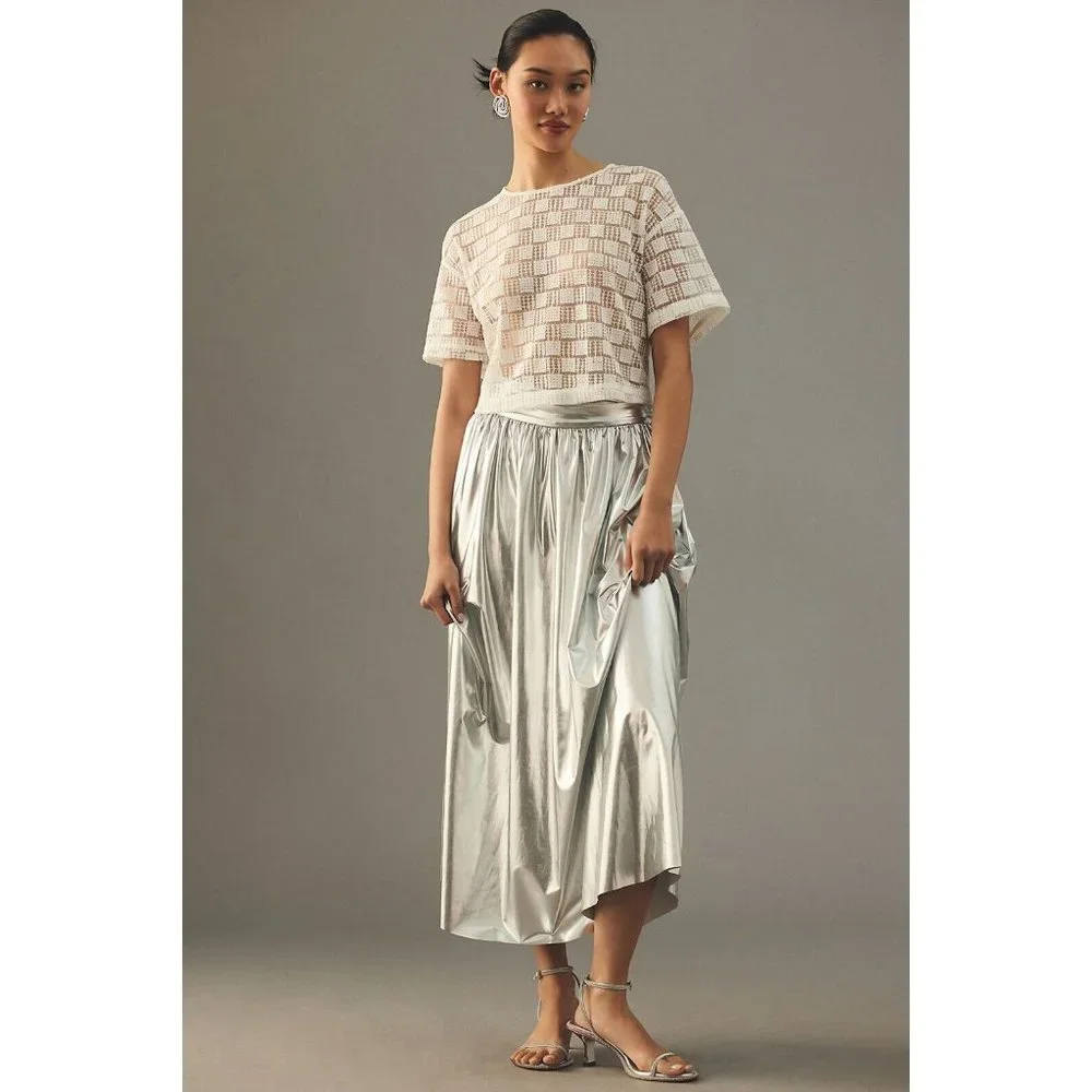 NWT Anthropologie Metallic Shine A-Line Skirt M Silver Pockets